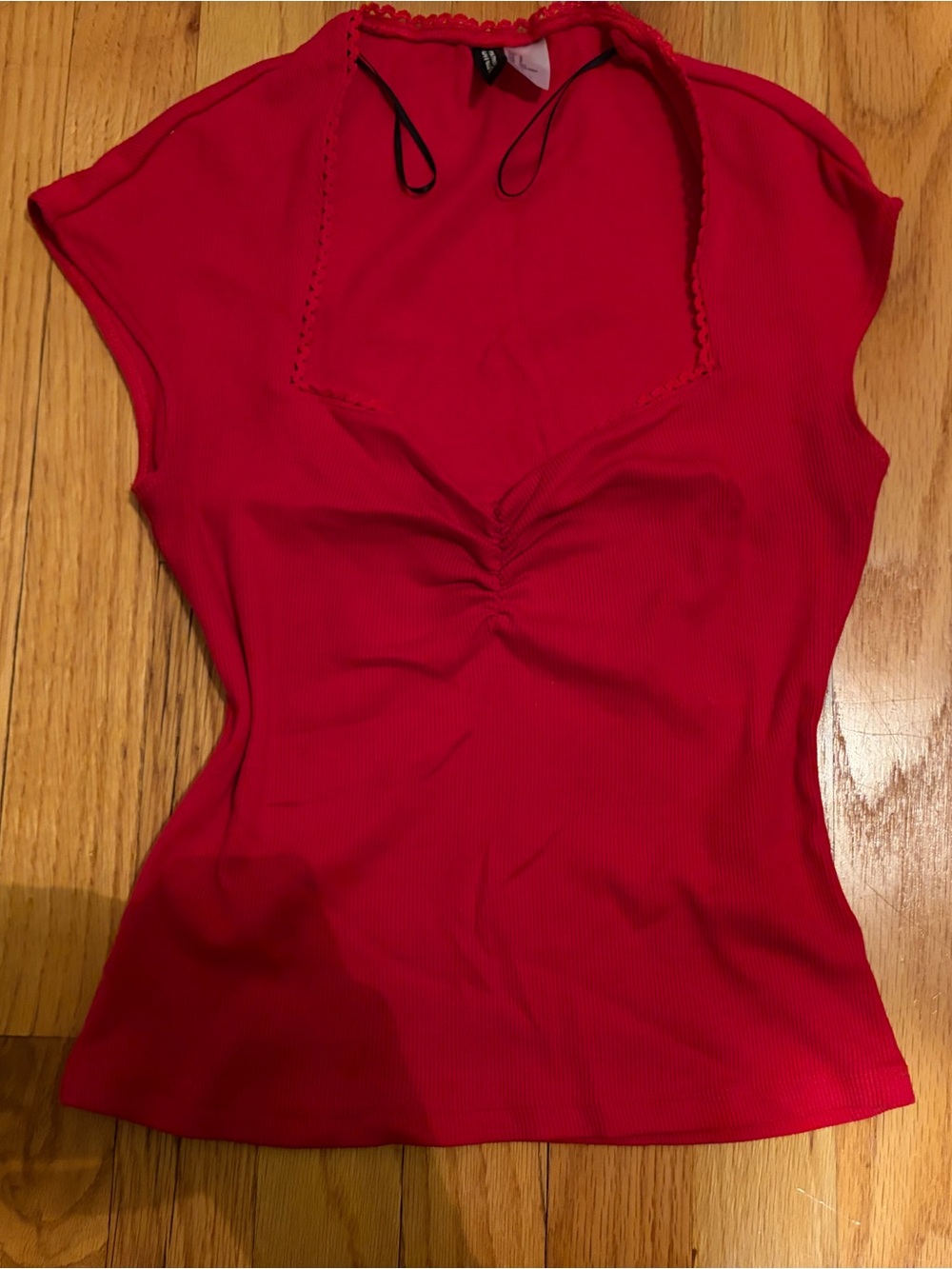 H&M Bright Red Ruched V-Neck Cap Sleeve Camisole
